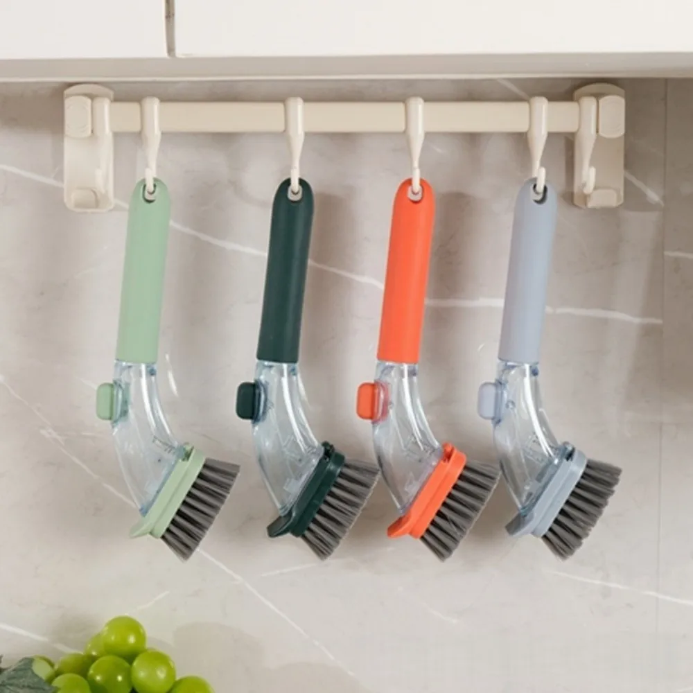 Press To Dispense Refillable Liquid Cleaning Brush Long Handle Hanging Automatic Liquid Dishwashing Brush with Soap Dispenser