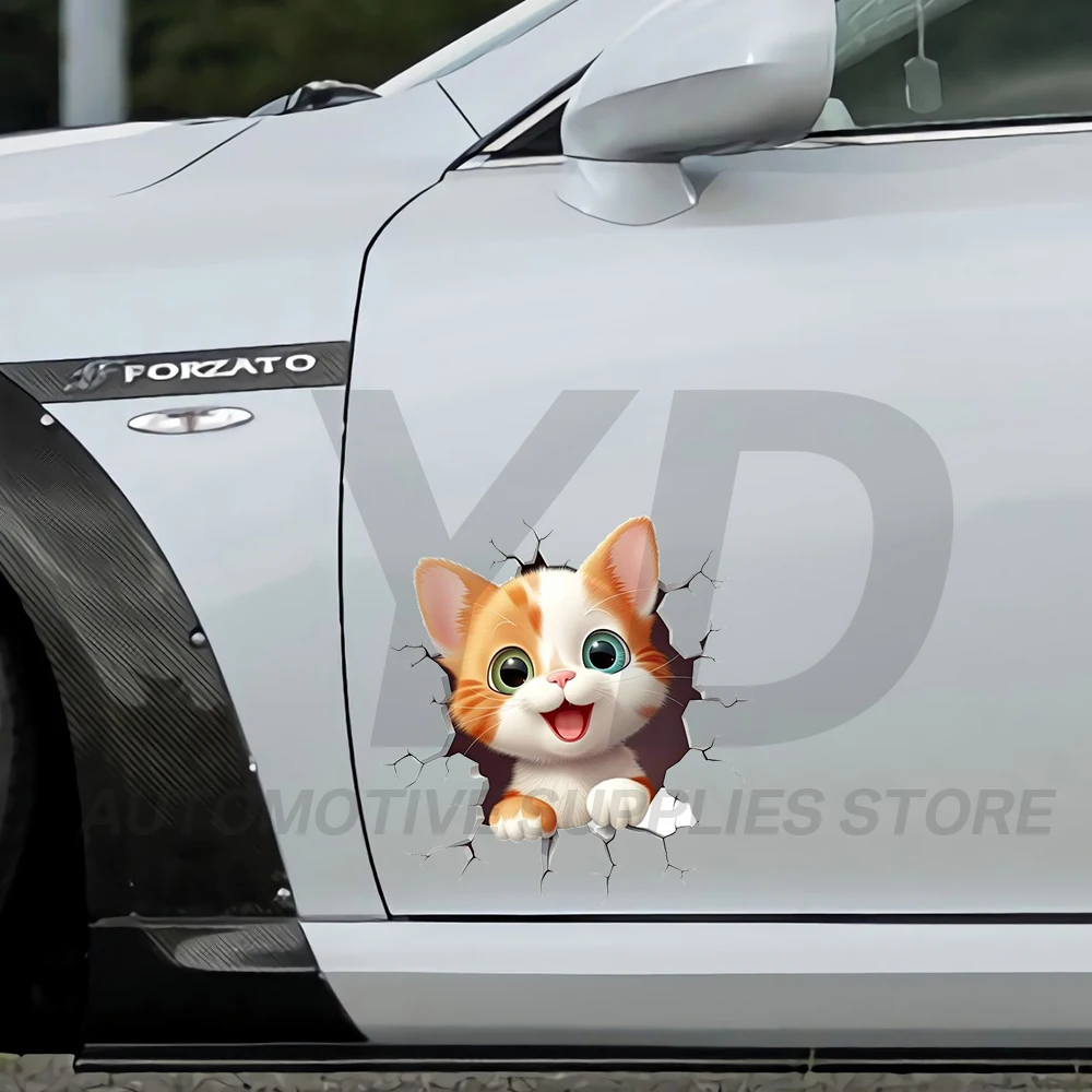 Cool 3D Broken Wall Cat Sticker Happy Ginger Kitten Car Decal Personality Hood Trunk Decor Vinyl Sticker for Truck SUV DIY view 6