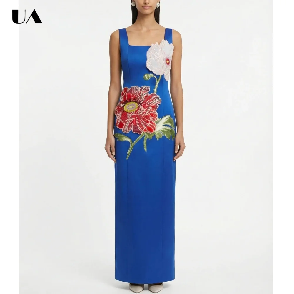 

Fashionable Square Neck 3D Flower Prom Dresses for Women, Elegant Straight Sleeveless Long Dress, Vintage Embroidered Maxi Dress