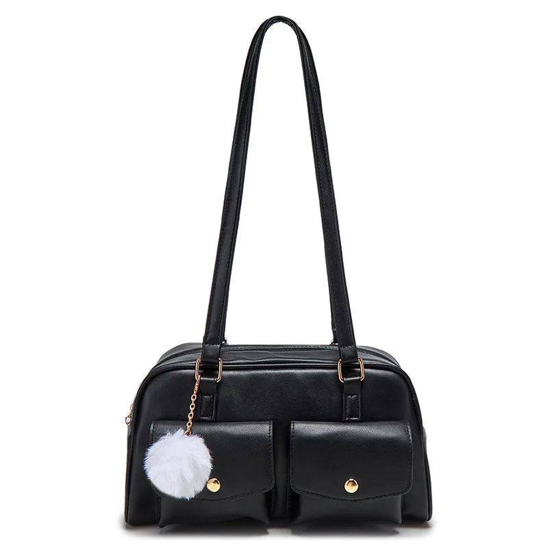 

Женская сумка-боулинг в стиле Y2K, большая вместительная сумка через плечо из искусственной кожи с множеством карманов и помпоном для поездок на работу и шопинга