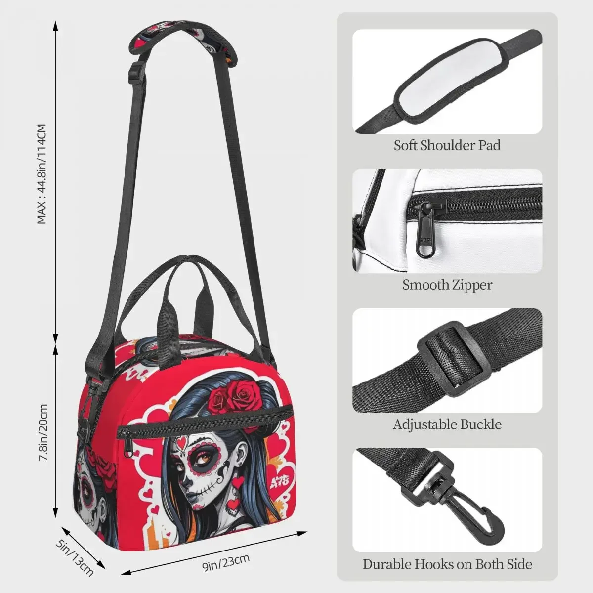 Alexander Gothic Las Elegantes Girls Day Of Dead Skull Borse per il pranzo Bento Box Lunch Tote Borse da picnic Borsa termica per lavoro donna