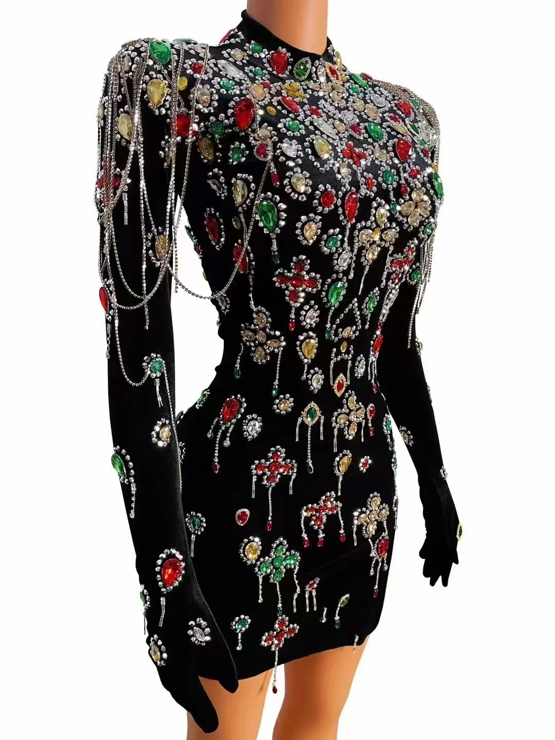 

Sexy Black Velvet Dance Dress with Long Gloves Colorful Crystals Turtleneck Evening Party Costume