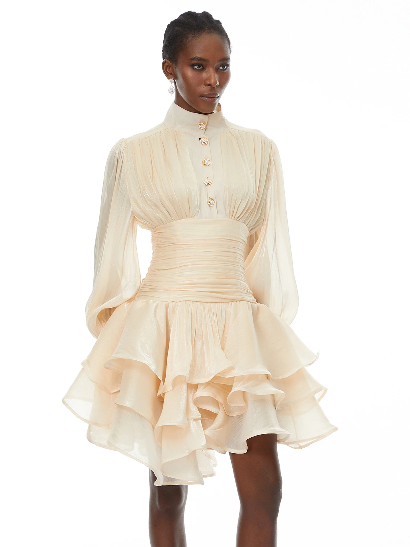 VGH Retro Court Style Waist-Cinched Dress Birthday Party Pale Tangerine Lace Trim Design A-Line  Dress Gathered Skirt