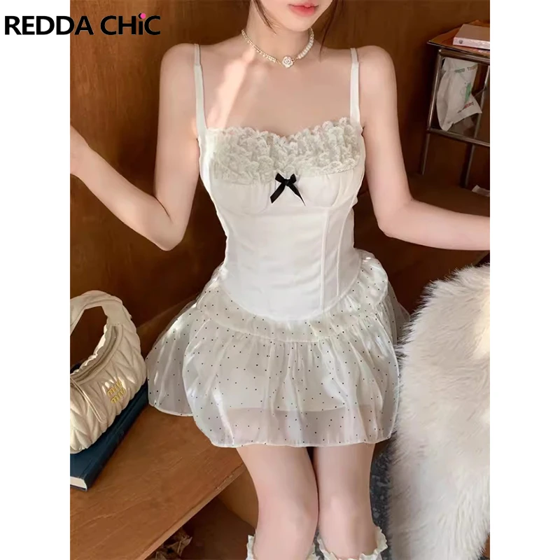 

REDDACHiC Medieval Retro Satin Top Skirt Women 2-piece Dress Set Lace Trim Slim Camisole Polka Dot Pleated Puffy Mini Cake Skirt