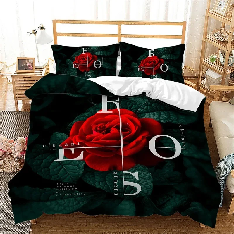 Rose Floral Duvet Cover Microfiber Quilt Cover Romantic Flowers Bedding Set King For Teens Couple Valentine's Day Wedding Decor