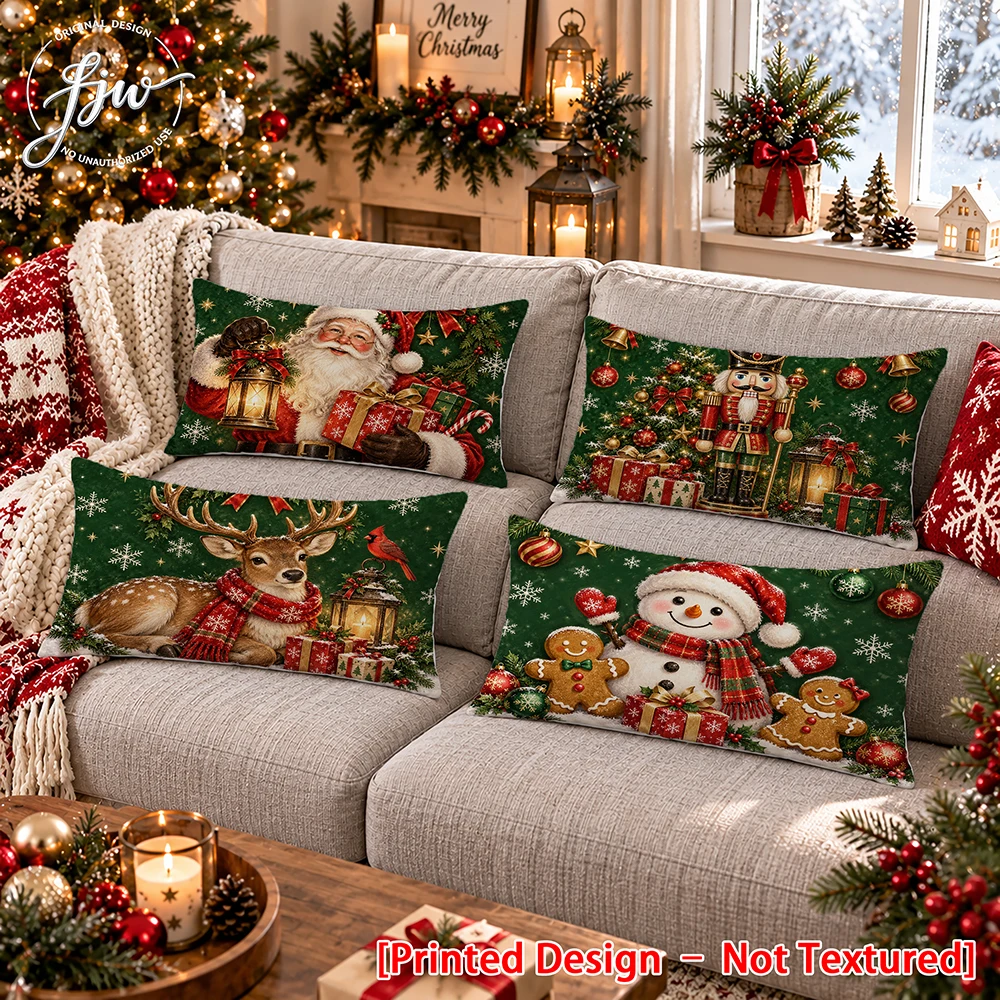 4pc Christmas Throw Pillow Covers, Santa Snowman Reindeer Nutcracker Winter Holiday Cushion Cases for Sofa Couch Bed