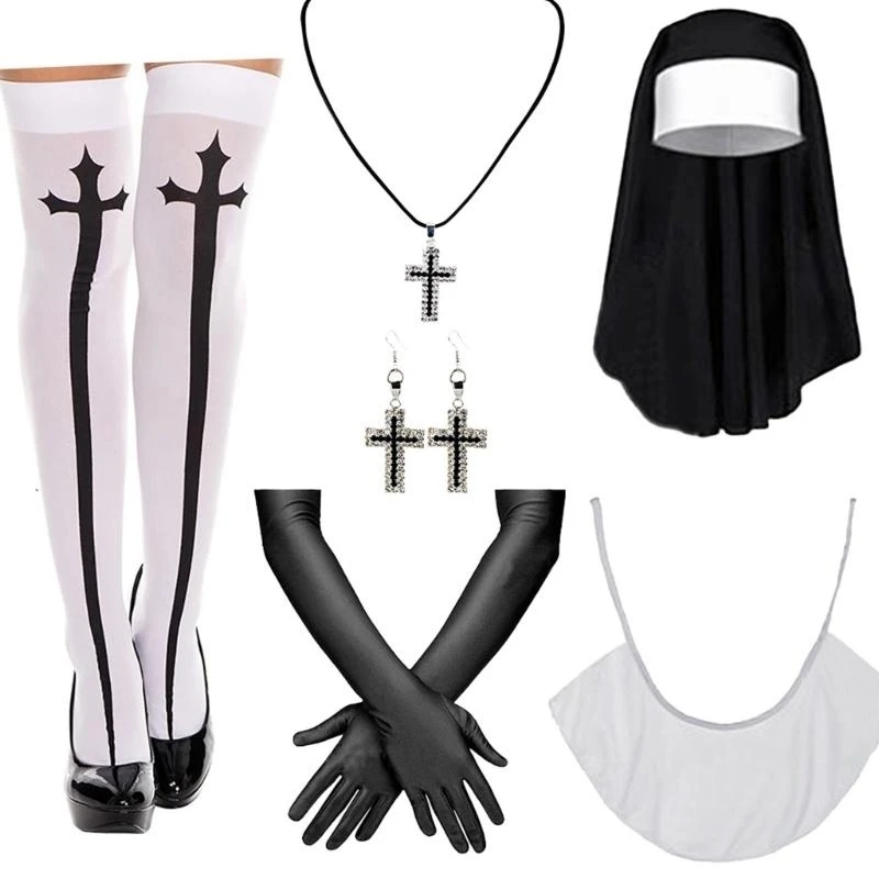 5asd แม่ชีเครื่องแต่งกายฮาโลวีนคอสเพลย์อุปกรณ์เสริม Headpiece ข้ามจี้สร้อยคอถุงน่องฮาโลวีนเครื่องแต่งกาย