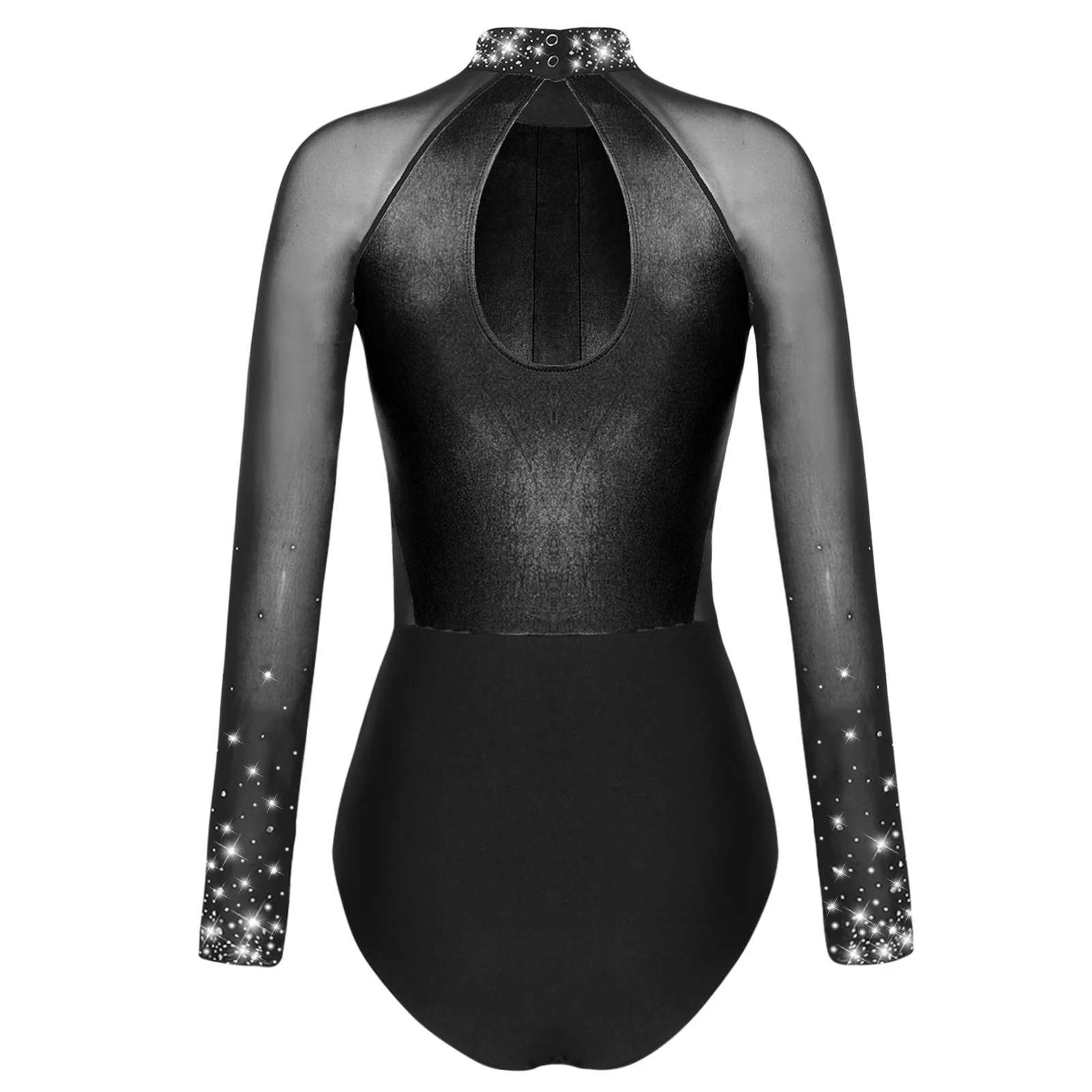 Women\'s Gymnastic Leotard Metallic Mesh Patchwork Bodysuit Ballet Dance Top Figure Skating Dance Outfits Performance Costume