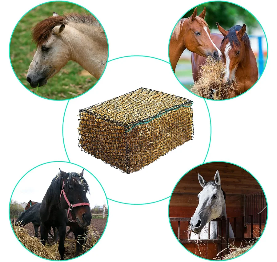 2025 أكياس شبكية معلقة على شكل حصان متينة حقيبة قش تغذية بطيئة للحيوانات للخيول والماعز شبكة تخزين القش مع خدمة القطع
