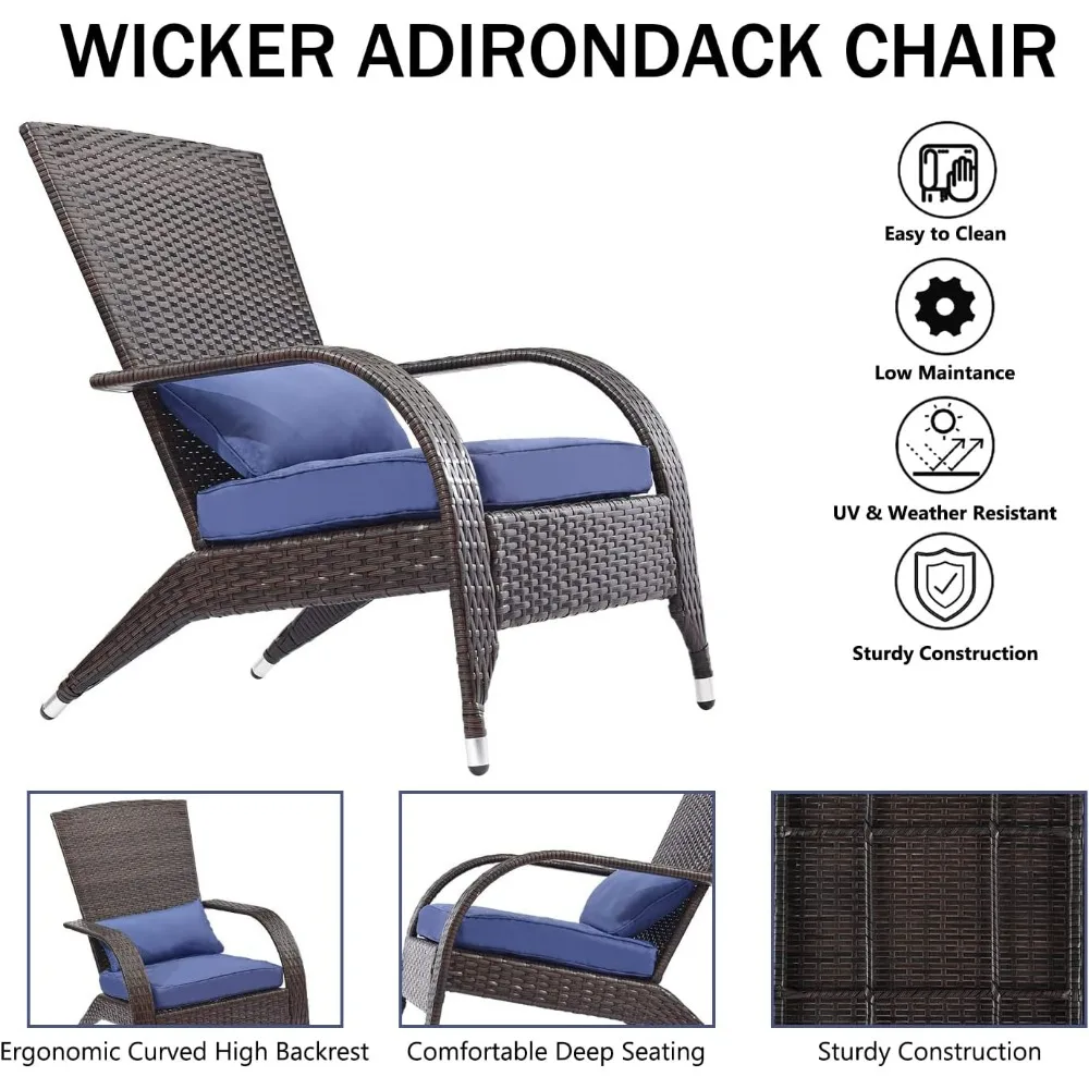 Set Kursi Adirondack Anyaman Luar Ruangan 2 Kursi Lubang Api Rotan Kursi Teras Aksen Santai Nyaman Ukuran Besar dengan Bantal Lembut De Rendah