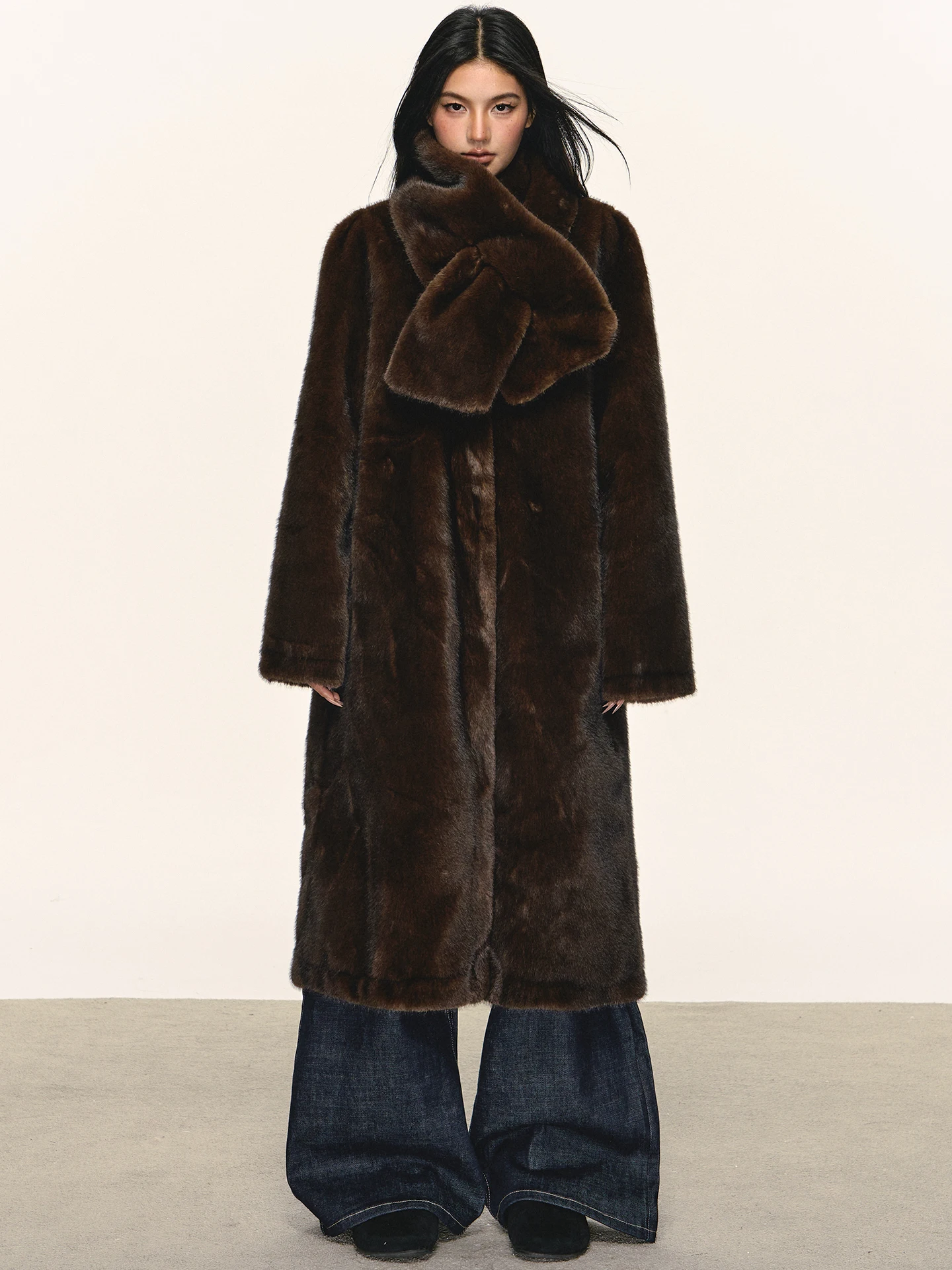 

Anna Aneae Long Length Eco-Friendly Fur Jaet with Scarf Women's Winter Ele Brown Loose Warm Thiened Coat