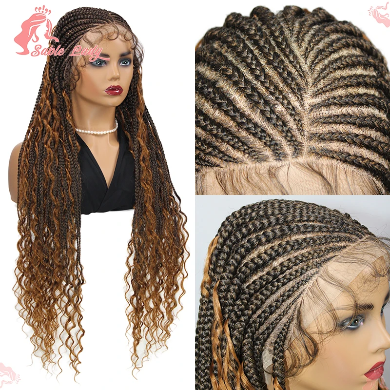 Bohemian Cornrow Braids Lace Wig Synthetic Wig Braid African Lace Front Curly Wigs 32 Inch Boho Box Braided Wigs For Black Women