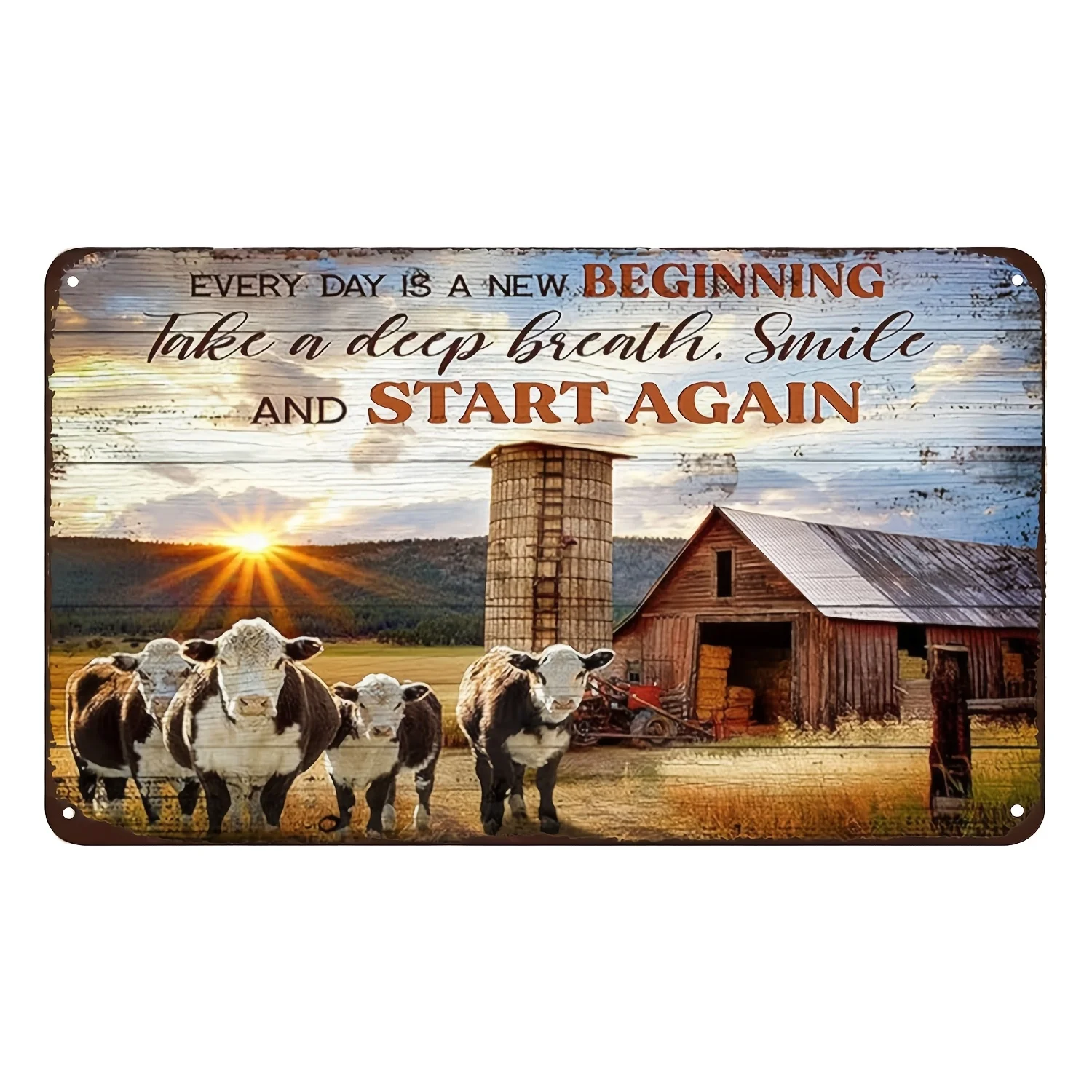 1 placa de metal inspiradora com a inscrição "Cada dia é um novo começo" com cenas de gado e fazenda de Hereford - para pendurar na parede