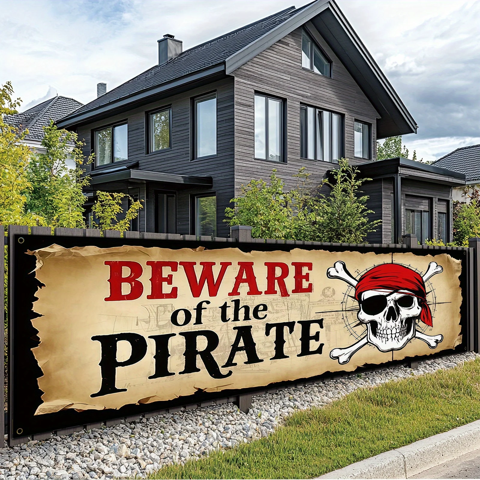 Pirate Themed Party Decorative Banner - Large Rectangular Skull Character Indoor Outdoor Celebration Wall Hanging Backdrop