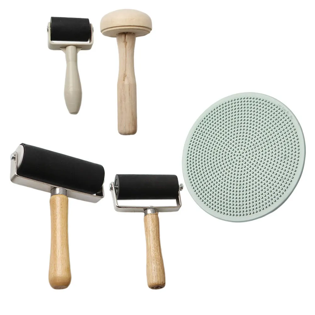 

5pcs Oil Roll Printmaking Tools Set Rubber Roller Wooden Mushroom Roller For Diy Art Craft Projects Stamping Drawing Rubbing
