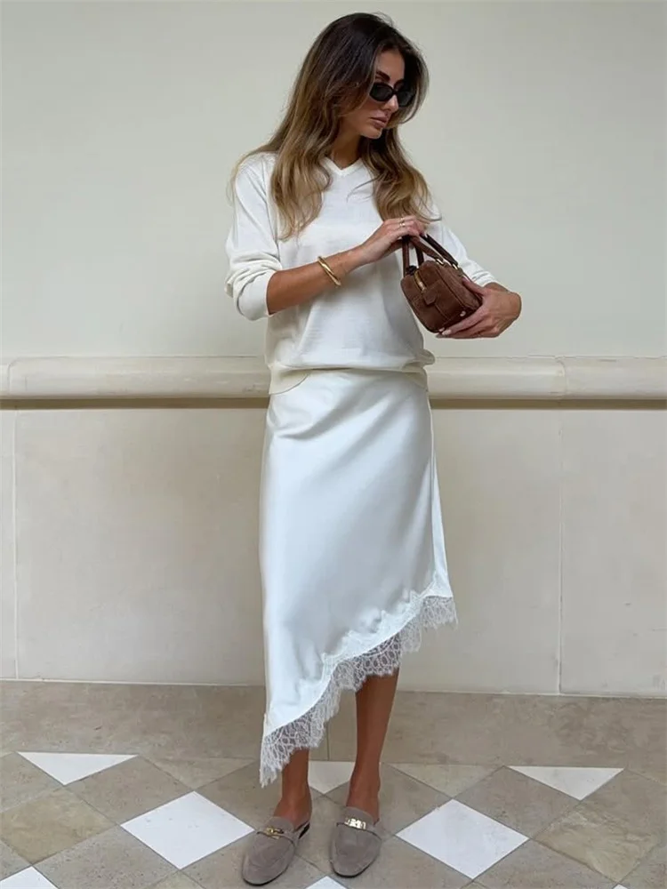Tossy White Lace Patchwork Long Skirt For Women Slim High Waist Elegant Commute Printed Party Looks Clothes Female Maxi Skirts