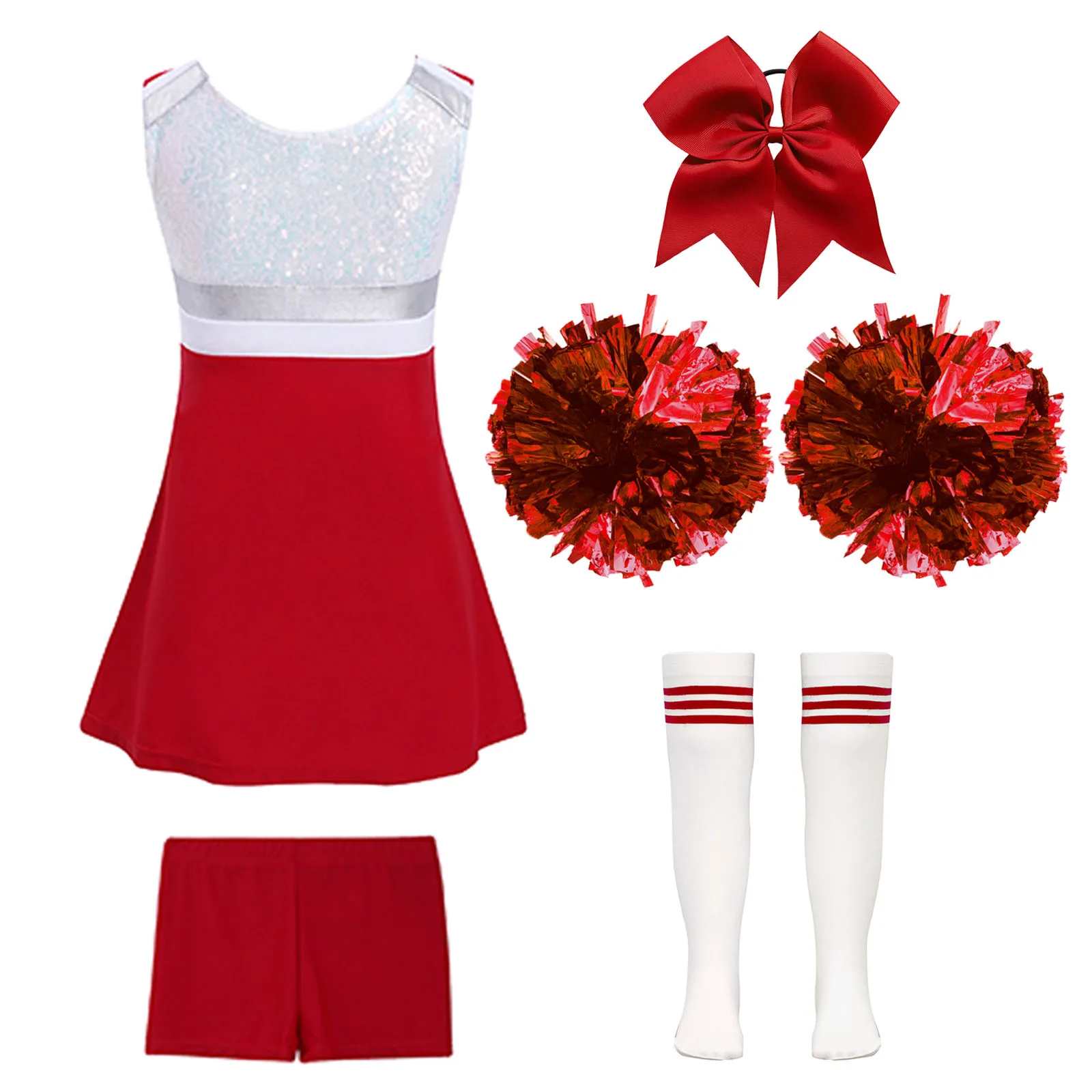 Kids Girls Sequins Cheerleader Costume Outfit Sleeveless Cheerleading Dress Up Uniform Cheer Leader Dress with Flower Balls  Set