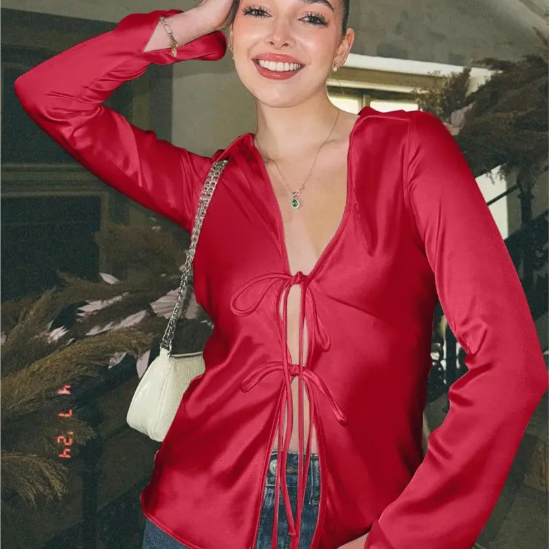 

2025 Spring/Summer New Trendy Silk-Look Tie-Waist Long Sleeve Slim Fit Shirt Cozy Sexy Casual Outfit for Streetwear & Office