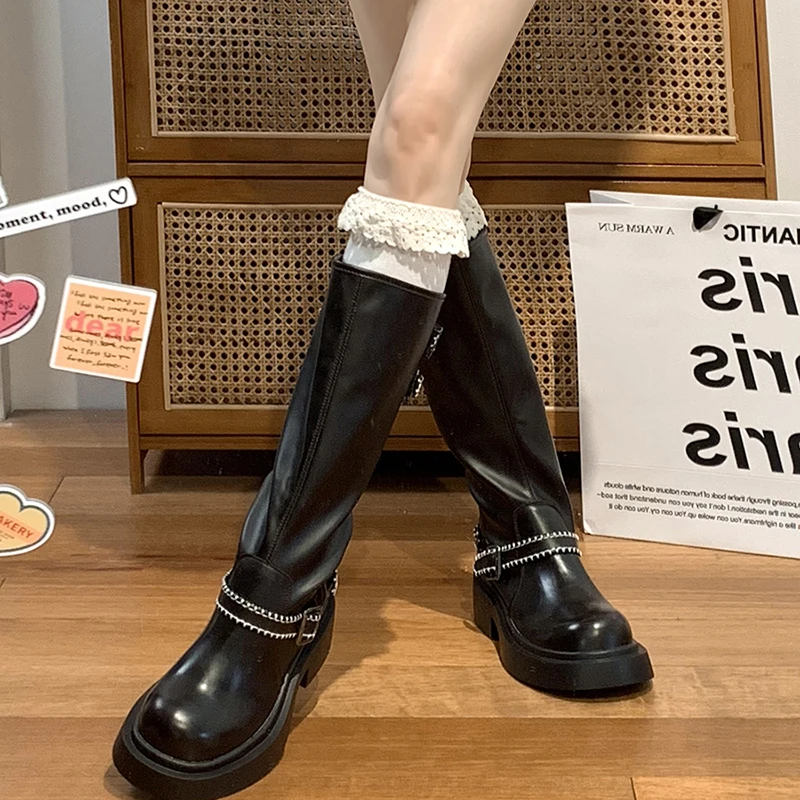 Stivali da cowgirl occidentali da donna invernali Stivali da cintura alla moda con fibbia Cavaliere Stivaletti lunghi Piattaforma da donna Tacchi