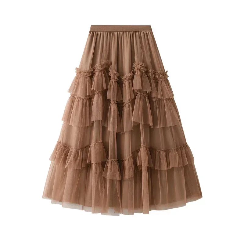 Greenora Women Tutu Cake Skirts Elegant Ruffles Tiered A Line Tulle Long Skirts Female Casual Elastic Waist Mesh Party Skirt Fal