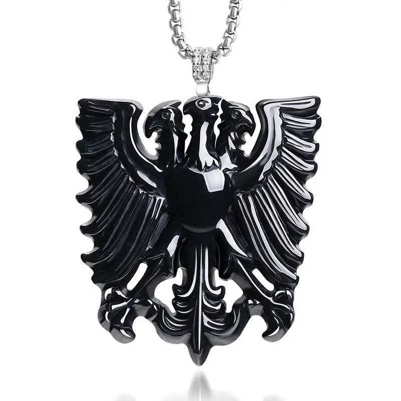 Natural Myanmar A-grade Black Chicken Jade Pendant with Three-Eagle Emblem S925 Silver Hip-Hop Style Jewelry Drop Shipping