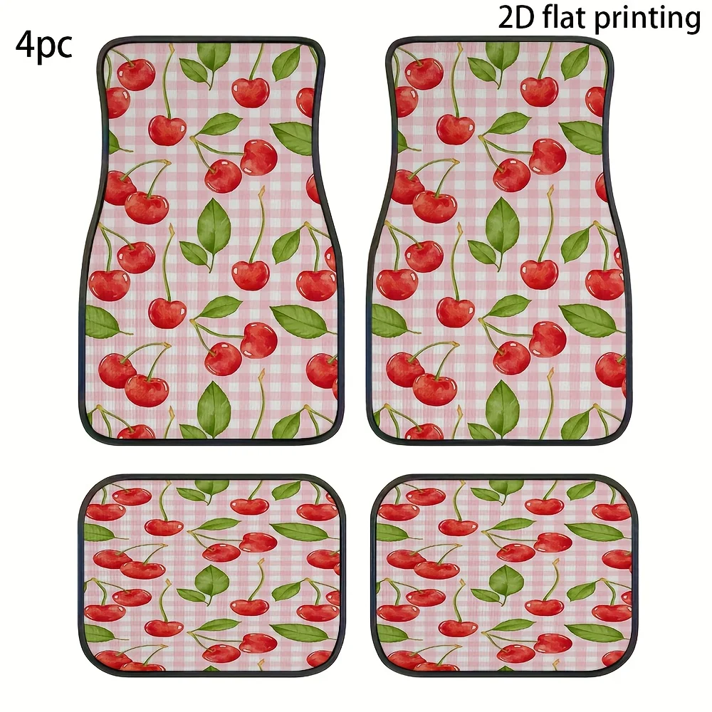 4pcs Car Floor Mats, Cherry Checkerboard Background Pattern, Universal Fit Car Mats, Material, Suitable For All Seasons, Car Dec