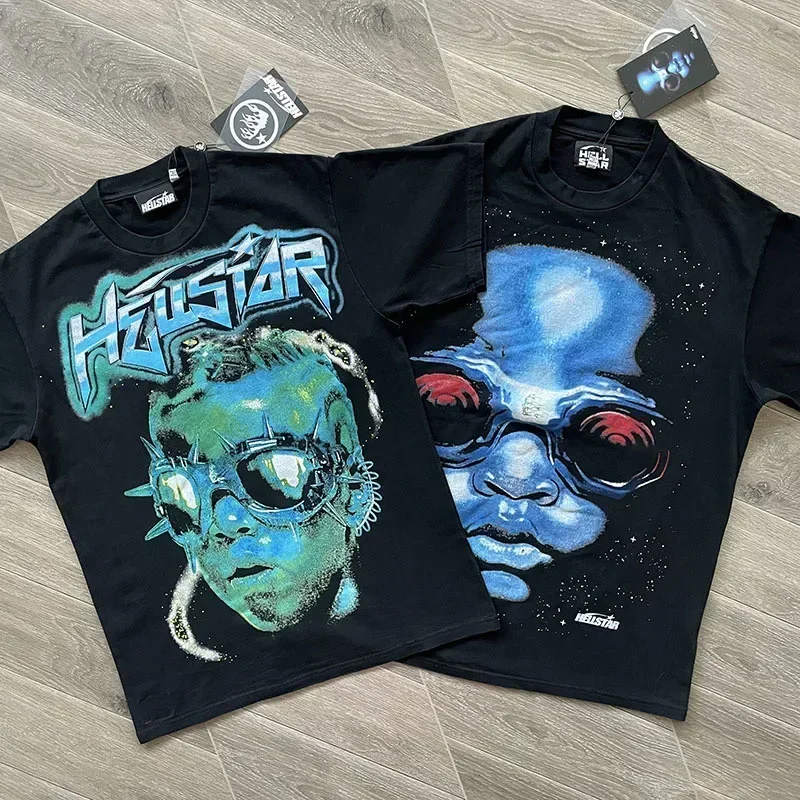 24ss Casual Short Sleeve 1:1 Top Quality Glasses Alien Printing Oversized Black T Shirts