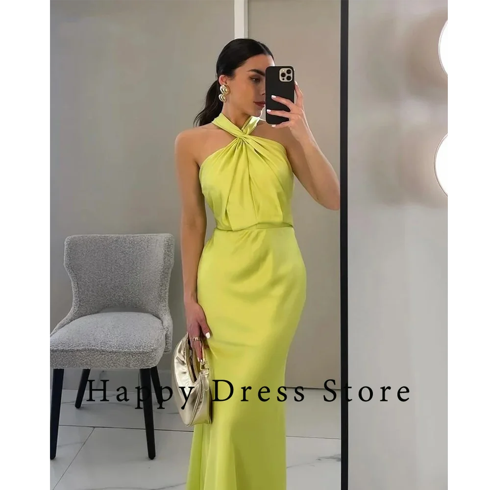 

Modern Sexy Prom Dresses For Women Pleat Halter Satin Backless Custom Birthday Evening Party Birthday Gowns Women's Robes De