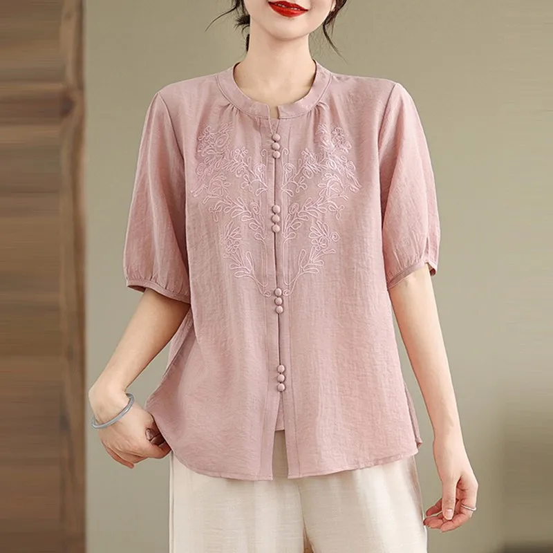 Women Summer Casual Shirt New Arrival 2024 Chinese Style Vintage Embroidery Loose Female Short Sleeve Tops Shirts B3872