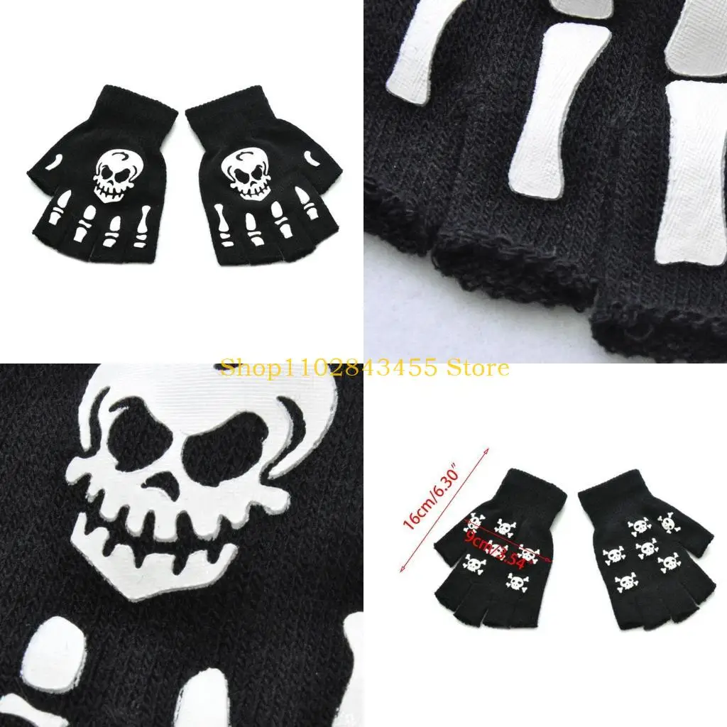 

49MC Halloween Sports Cycling Knit Half Finger Gloves Luminously Glow in the Dark Skeleton Cosplay Stretchy Fingerless Mittens