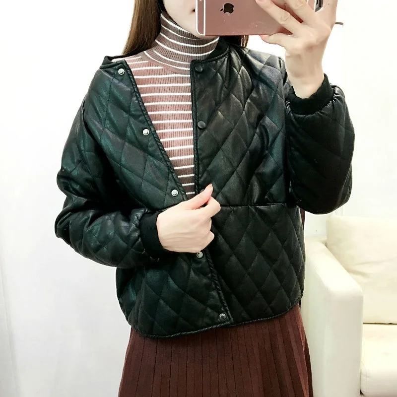 

Fashion Winter Women's Thickened PU Cotton Jacket Slim Ladies Locomotive Motorcycle Short Jacket Fake Leather Jacket Girl