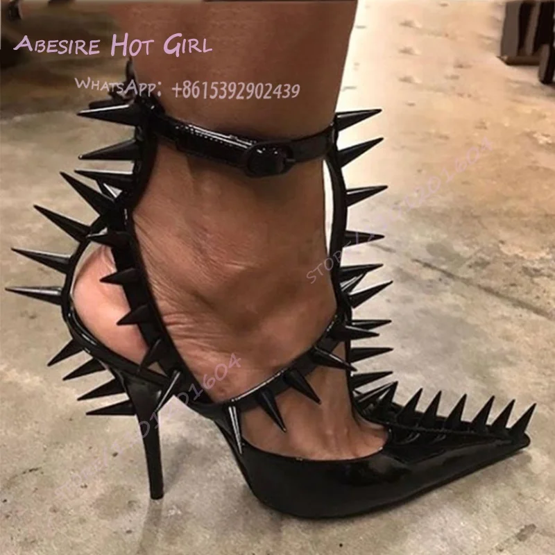 Metal Long Rivet Stab Heels Pointed Toe Ankle Buckle Pump Women Stiletto Black Patent Leather Gold Sandals Cool Street Girl Shoe