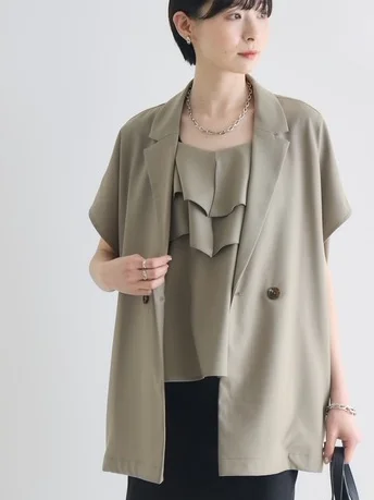 Chaleco de una sola capa de corte holgado G46565 estilo japonés 12W Yen, chaqueta tipo cloche con hombros caídos, abertura trasera, color liso, fino para verano