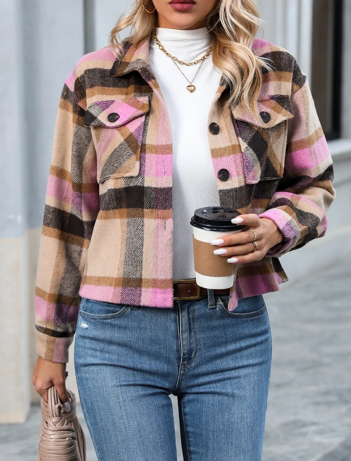 Lapel Pocket Fashion Casual Short Thick Cloth Plaid Jacket 2023 New Popular Women's Clothing Long Sleeved Single Breasted