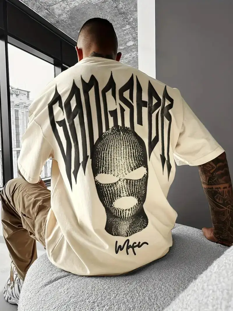 24/25 High-quality American High Street Masked Person Printed T-shirt for Men Oversized Loose Harajuku Short Sleeved Tops