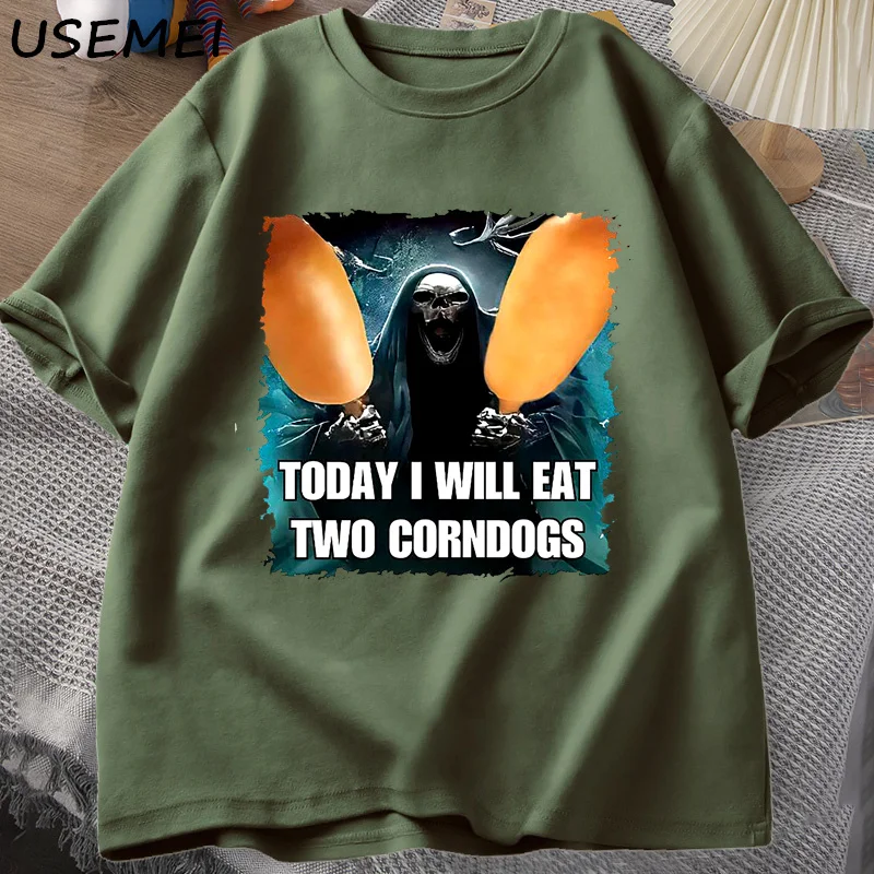 Evil Skeleton Meme T Shirt Women Men Today I Will Eat Two Corn Dogs Tshirt Oversized Cotton Short Sleeve T-shirt Unisex