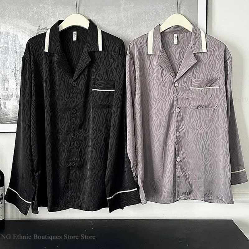 

Мужские шелковистые атласные пижамы, брючные костюмы, пижамный комплект с длинными рукавами, домашняя одежда, одежда для сна, весенне-осенняя мужская ночная рубашка, одежда для дома