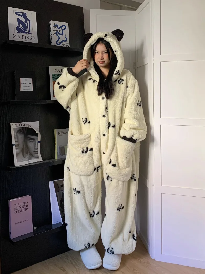 

Милый женский халат-пижама из кораллового флиса с мультяшной пандой, осенне-зимняя новая модель, на флисовой подкладке, сохраняющая тепло, домашняя одежда