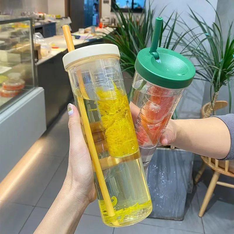Creative Transparent Juice Drink Cup Large Capacity Plastic Straw Water Cup Portable Shock-Resistant Tea Cup Home Accessories