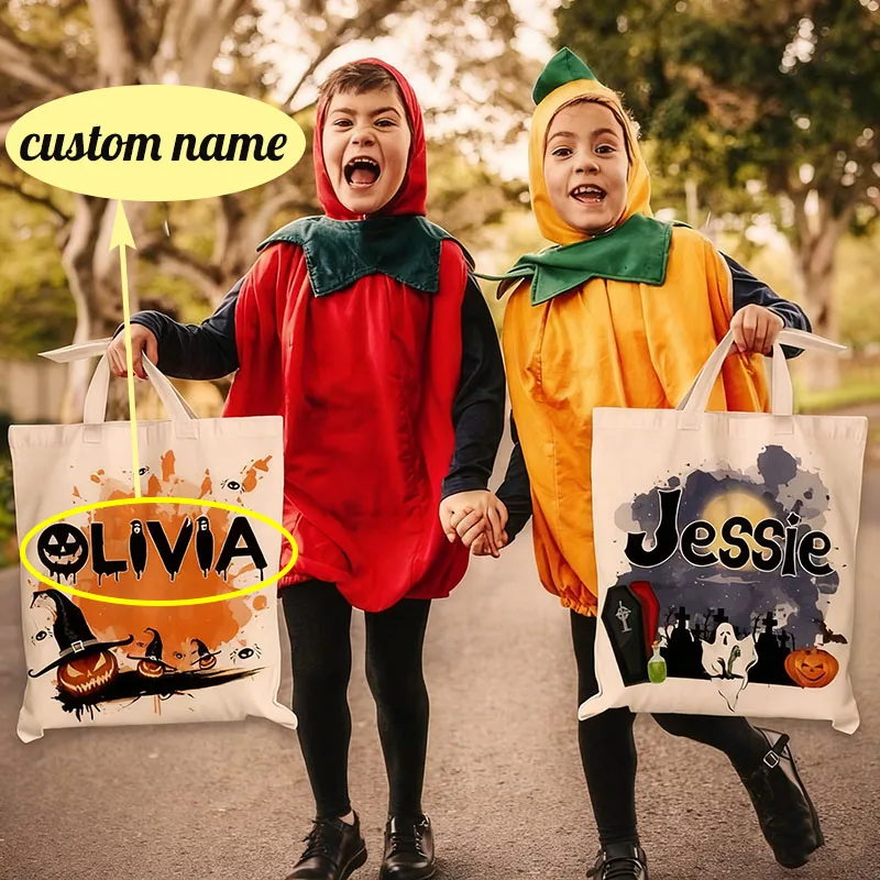 

Halloween Trick or Treat Goodie Bag Personalized Canvas Tote Bag with Custom Name Pumpkin Witch Black Cat Castle Skeleton Ghost