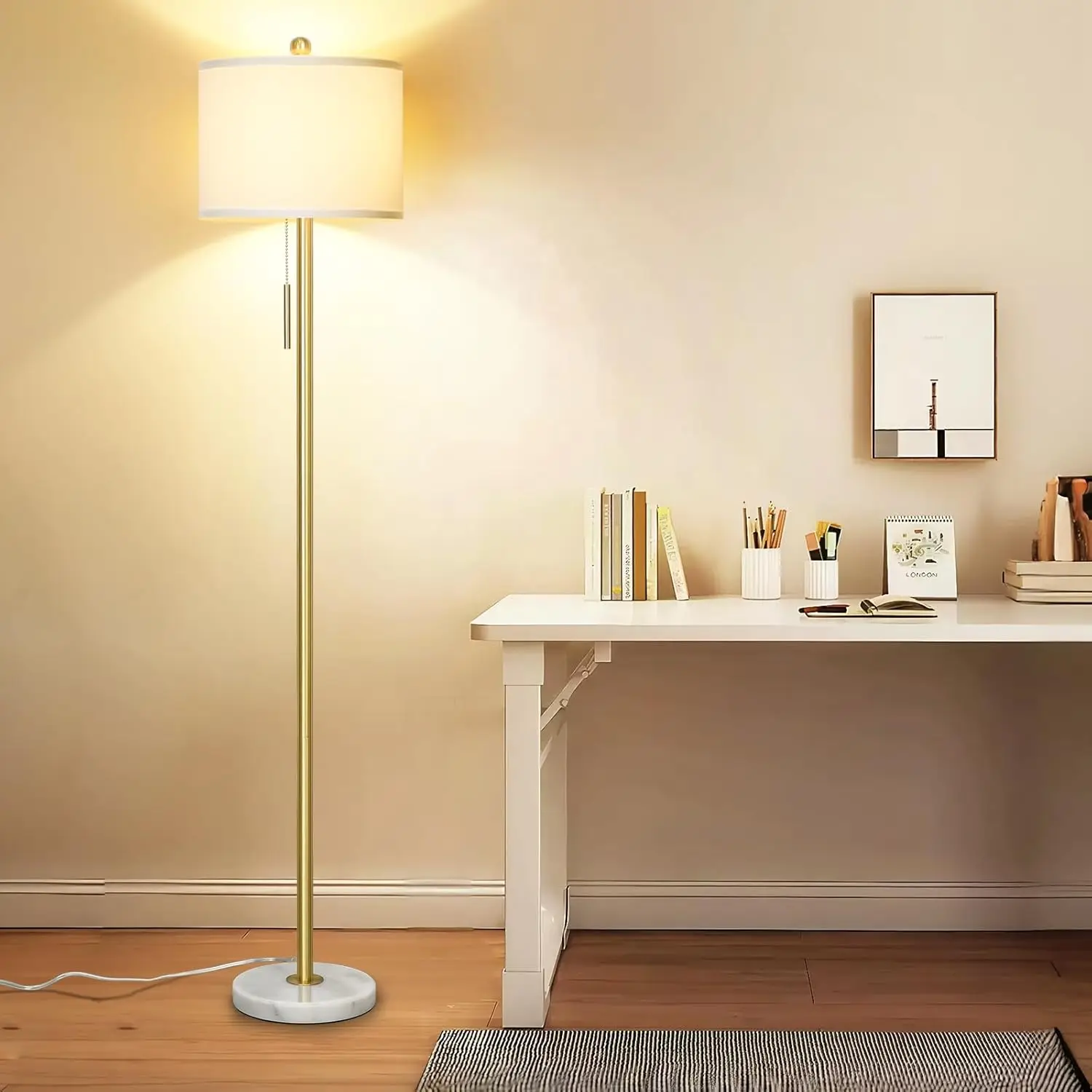 Dimmbare goldene Stehlampe mit Marmorsockel, 63 Zoll moderne Stehleuchte für Wohnzimmer, Schlafzimmer, Büro