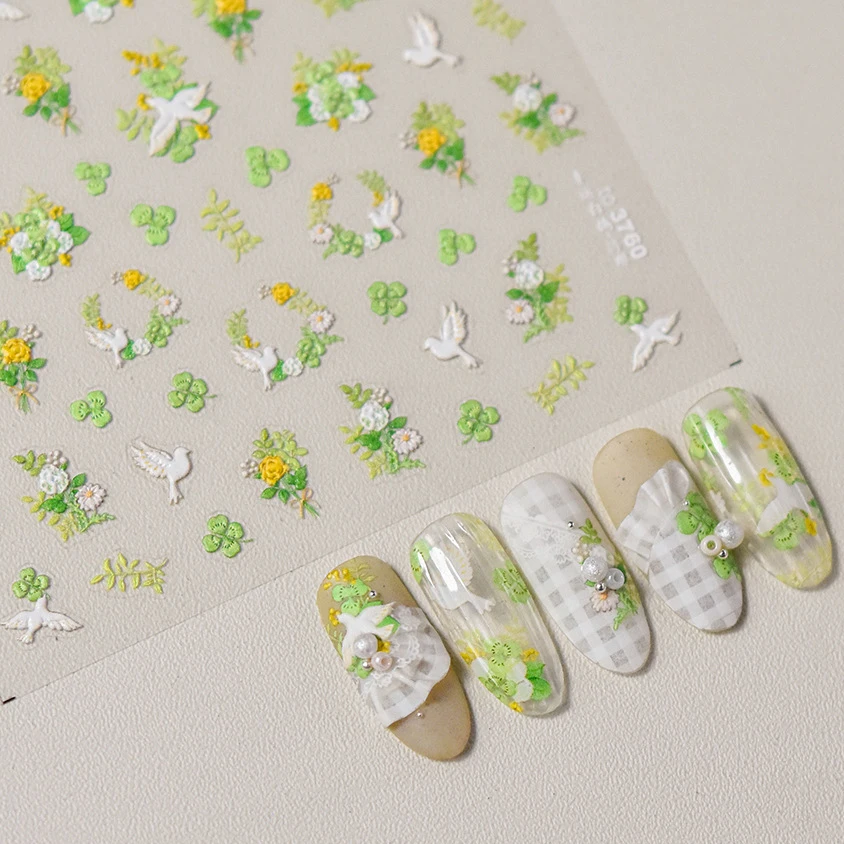 Cute White Dove Light Green Lucky Grass Spring Yellow Flower Swallow Kite Crane 3D Self Adhesive Nail Art Sticker Manicure Decal