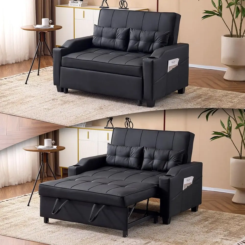 

Convertible Loveseat Sleeper Sofa, Black Faux Leather Futon Sofa Bed Pullout Couch Bed with USB Ports, Cup Holders, Armrest for