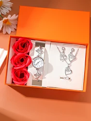 4 Pieces/Set: 1 Silver Women's Stylish And Elegant Quartz Watch With Rhinestone Chain And A Love Jewelry Ring Gift Set