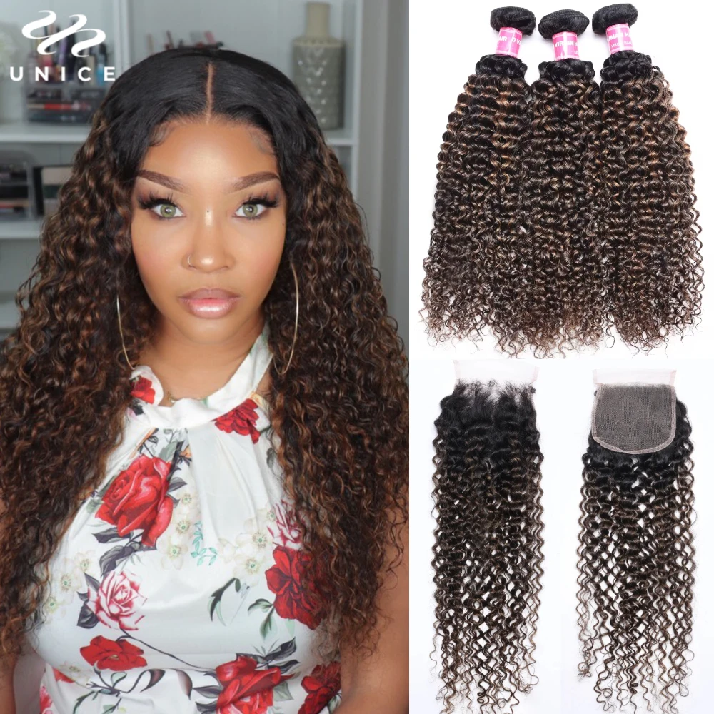 UNice Hair FB30 Highlight Mixed Brown Color Curly Bundles 100% Human Hair Bundles 1Pc 3Pcs 4Pcs Deal