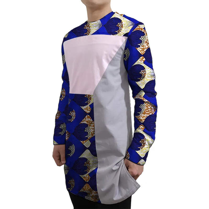 White/Gray Patchwork Men's Nigerian Shirts O-Neck Modern Design Sector Patchwork Tops African Couture Wedding Party Wear