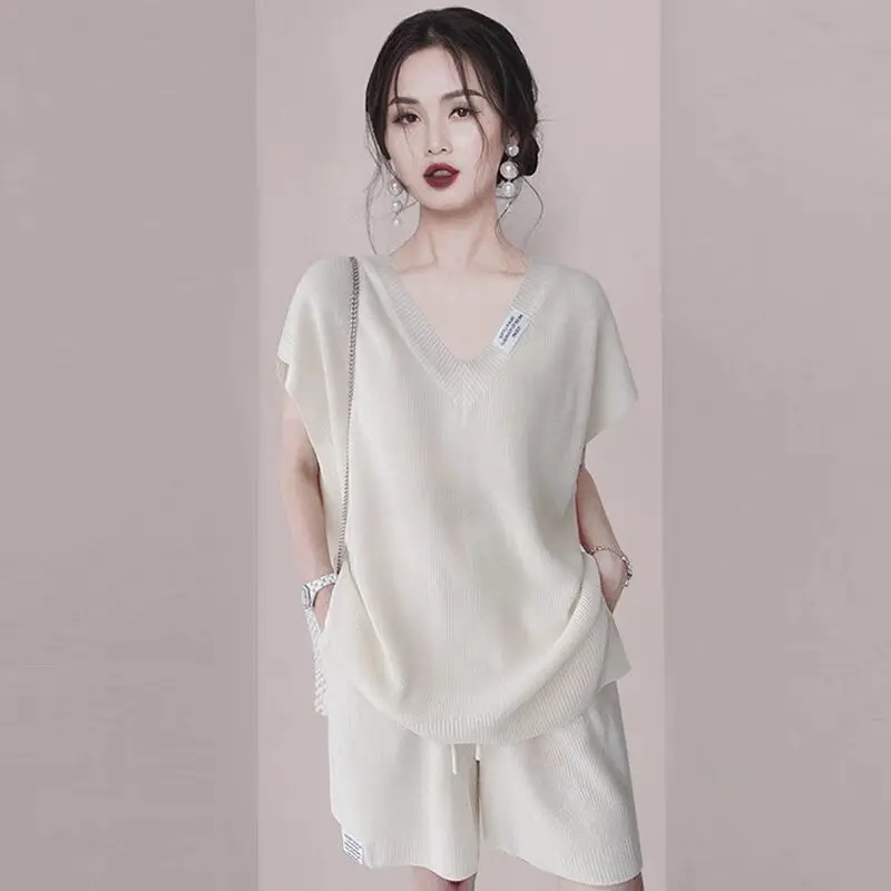 2025 Summer New Casual Temperament V-neck Short Sleeve Short Sets Female Simplicity Knitting Two-piece Suit Elastic Waist Sets