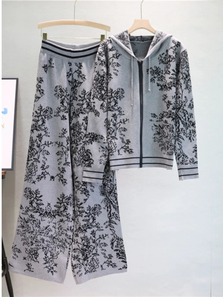 Korean Jacquard Design 2 Piece Sets Women Knitted Zipper Hooded Sweatshirt Tops Trendy High Waist Knitwear Sweatpants Outfit