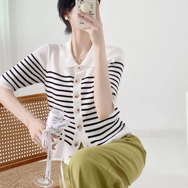 

Женский летний легкий кардиган из вязаного шелка с коротким рукавом, в полоску, стандартного кроя, для прохладных дней