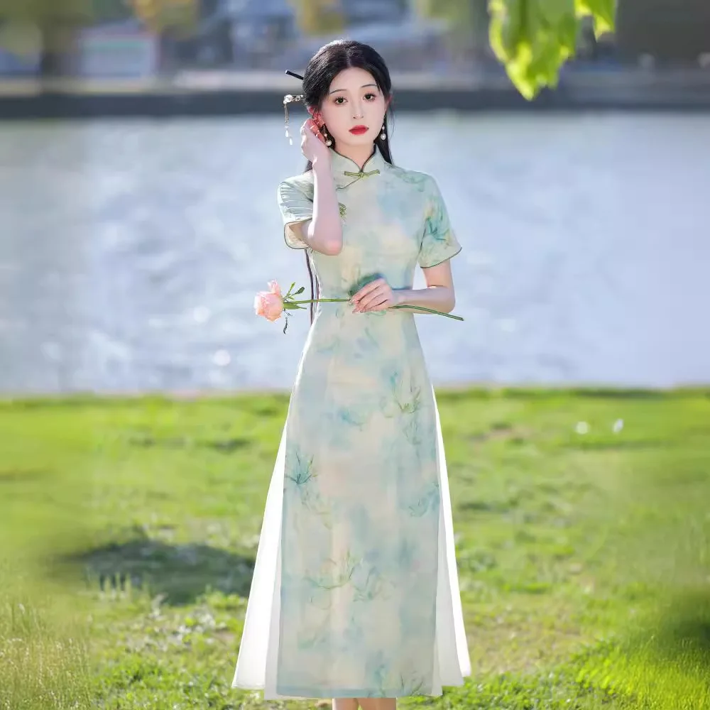 

2024 Women New Green Cheongsam High-fashion Young Girl Elegant New Chinese Style Dress Female Long Qipao Lined Summer Dress